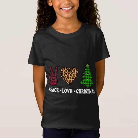 T-Shirt Peace Love Christmas Tree Buffalo Plaid Leopard Fu (Devant)