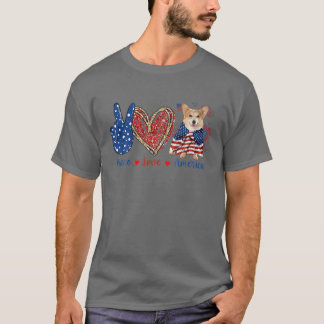 T-shirt Peace Love Corgi Chien Patriotique America Drapeau