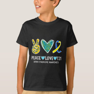 T-shirt Peace Love Cure Bleu Et Jaune Ruban Down Syndro