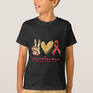 T-shirt Peace Love Cure Burgundy Ribbon Cerveau Aneurysm A