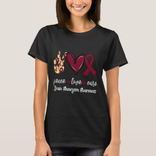 T-shirt Peace Love Cure Cerveau Aneurysme Bourgogne Ruban 