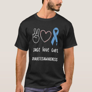 T-shirt Peace Love Cure Diabétique Bleu Ruban T1d Diabète