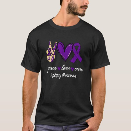 T-shirt Peace Love Cure Epilepsy Purple Ribbon Sensibilisa (Devant)