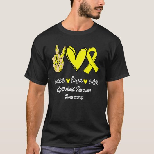 T-shirt Peace Love Cure Epithélioïde Sarcoma Ruban jaune (Devant)