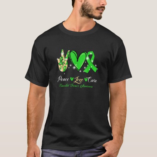 T-shirt Peace Love Cure Essential Tremor Green Ribbon Awar (Devant)