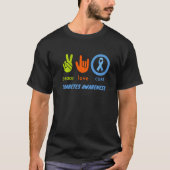 T-shirt Peace Love Cure Grey Blue Ribbon Diabetes Awarenes (Devant)