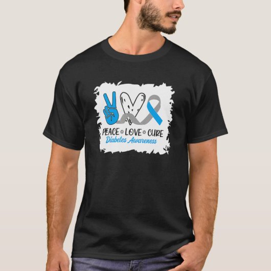 T-shirt Peace Love Cure Grey Blue Ribbon Prix du diabète (Devant)