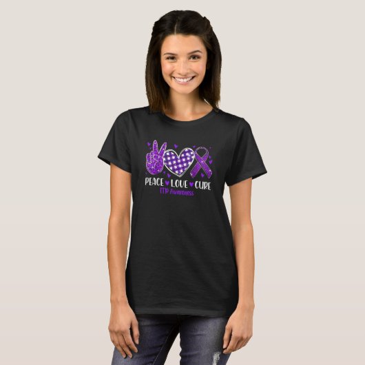 T-shirt Peace Love Cure ITP Sensibilisation Ribbon violet (Devant entier)