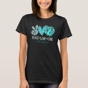 T-shirt Peace Love Cure Sunflower Ribbon Turquoise PTSD Aw