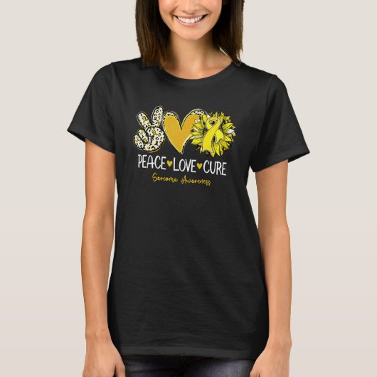 T-shirt Peace Love Cure Sunflower Yellow Ribbon Sarcoma Aw (Devant)