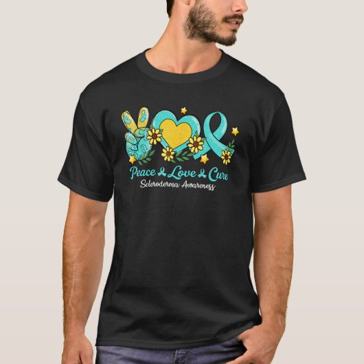 T-shirt Peace Love Cure Turquoise Ribbon Scleroderma Sensi (Devant)