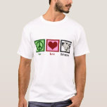 T-shirt Peace Love Dalmatiens<br><div class="desc">Un signe de paix, un coeur, et un mignon chien dalmate.</div>