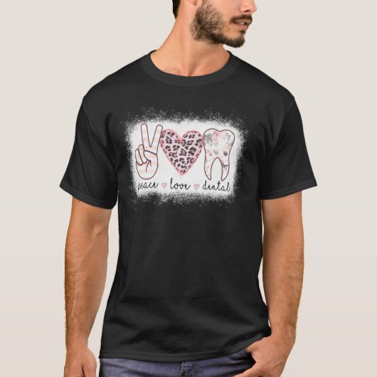 T-shirt Peace Love Dental Leopard Bleached Heart Teeth Cut (Devant)