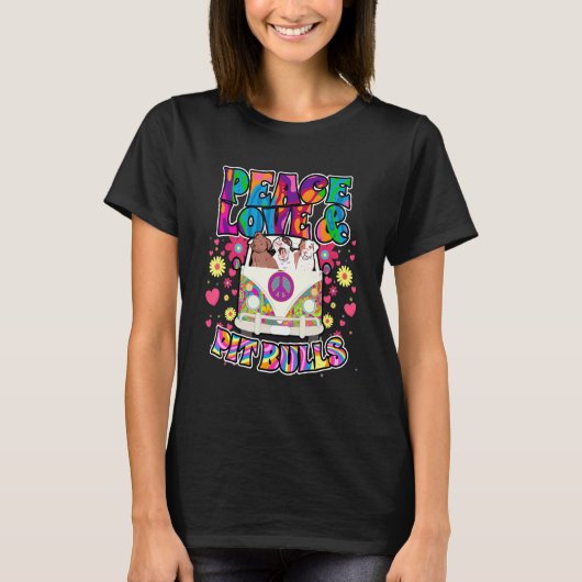 T-shirt Peace Love Et Pit Bulls Hippie Beatnik Chien (Devant)
