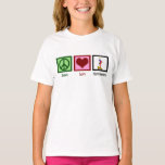 T-shirt Peace Love Gymnastique<br><div class="desc">Un signe de paix,  un coeur,  et une gymnaste faisant un stand sur un poutre sur un tee mignon pour un enfant qui aime pratiquer la gymnastique.</div>