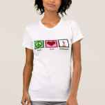 T-shirt Peace Love Gymnastique<br><div class="desc">Un signe de paix, un coeur, et un gymnaste faisant un stand sur un faisceau.</div>