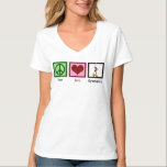 T-shirt Peace Love Gymnastique mignonne Gymnaste sur poutr<br><div class="desc">Un signe de paix,  un coeur,  et un gymnaste faisant un stand sur un faisceau. Un joli t-shirt de gynastique féminin.</div>