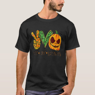 T-shirt Peace Love Halloween Leopard Citrouille Happy Hall