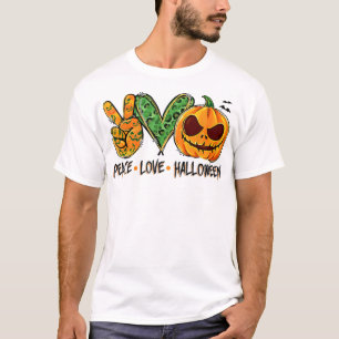 T-shirt Peace Love Halloween Leopard Citrouille Happy Hall