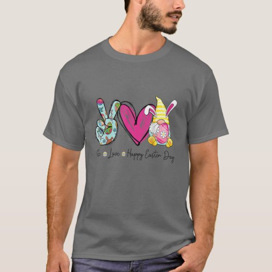T-shirt Peace Love Happy Easter Gnomes Hug Eggs Chasse Fu (Devant)