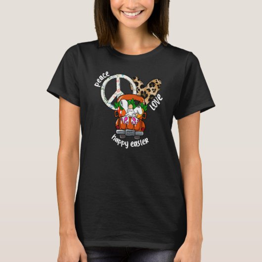 T-shirt Peace Love Happy Easter Leopard Heart Bunny Rabbit (Devant)