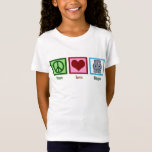 T-Shirt Peace Love Hippopotames Cute Hippo Mascotte Enfant<br><div class="desc">Un joli t-shirt enfant hippo avec un joli signe vert de paix, un coeur, et un adorable hippopotame de dessin animé. Peace Love Hippos chemise pour enfants.</div>