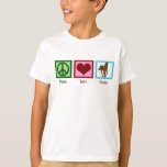 T-shirt Peace Love Horses Cute Horse Kids<br><div class="desc">J'adore les beaux chevaux. Un joli panneau vert,  un coeur rouge et un cheval marron sur un carré bleu font un joli t-shirt d'enfant animal.</div>