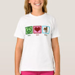T-shirt Peace Love Horses mignonnes filles<br><div class="desc">J'adore les beaux chevaux. Un joli panneau vert,  un coeur rouge et un cheval marron sur un carré bleu font un joli t-shirt d'enfant animal. T. des filles de Peace Love Horses.</div>