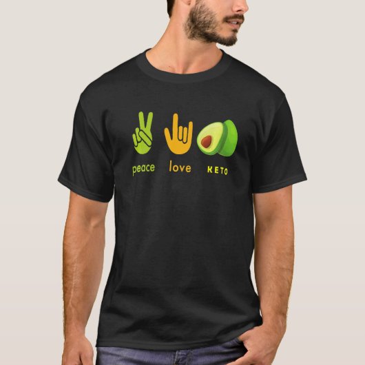 T-shirt Peace Love Keto Funny Hand Sign And Avocado Design (Devant)
