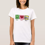 T-shirt Peace Love Music<br><div class="desc">Beau cadeau musicien avec un signe de paix, le coeur, et une clé trible et le personnel musical. Cool PEACE LOVE MUSIC Noël présent pour un compositeur, un directeur de groupe ou un chef de choeur.</div>
