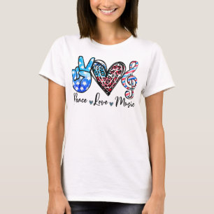T-shirt Peace Love Musique US Drapeau 4 juillet Musique Pr