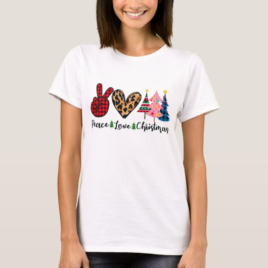 T-shirt Peace Love Noël en Pink Blue Green Holiday (Devant)