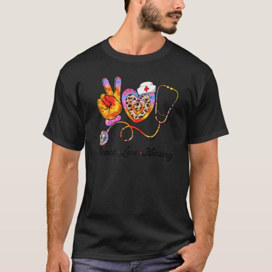 T-shirt Peace Love Nursing Leopard Heart Stethoscope Nurse (Devant)