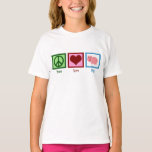 T-shirt Peace Love Pigs Cute Farm Girl<br><div class="desc">Symbole de paix, coeur, et un joli cochon avec une queue bouclée. Rose ! T-shirt enfant Peace Love Pigs pour une fermière.</div>