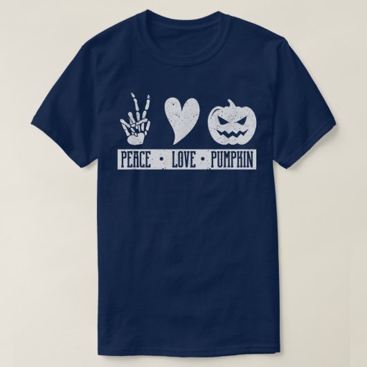 T-shirt Peace Love Pumpkin Halloween Hippie Skeleton Heart (Design devant)