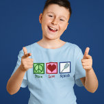 T-shirt Peace Love squash Racquet Sports Enfants<br><div class="desc">T-shirt enfant Peace Love Squash pour un enfant joueur du sport,  avec un signe de paix,  le coeur et la raquette.</div>