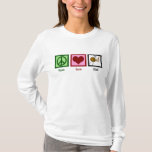 T-shirt Peace Love & Tricot<br><div class="desc">Je ne vais nulle part sans mes aiguilles et mes fils. J'adore tricoter.</div>