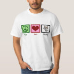 T-shirt Peace Love Wolves<br><div class="desc">Panneau de paix, coeur et dessin d'un loup gris.</div>
