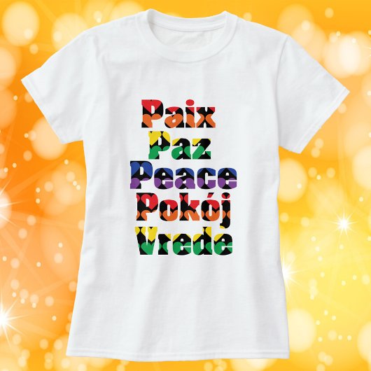 T-shirt Peace Many Languages Rainbow Hearts