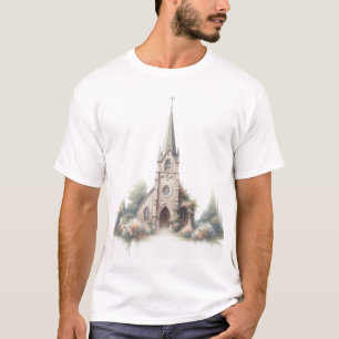 T-shirt Peaceful Country Church – Watercolor with Floral A