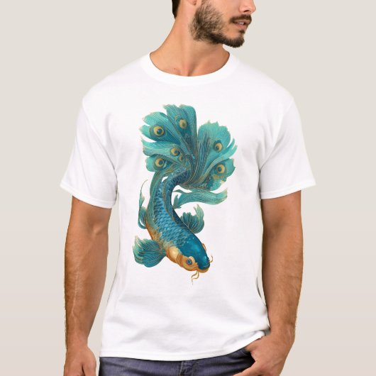 T-shirt Peacock fin koi en turquoise et or (Devant)
