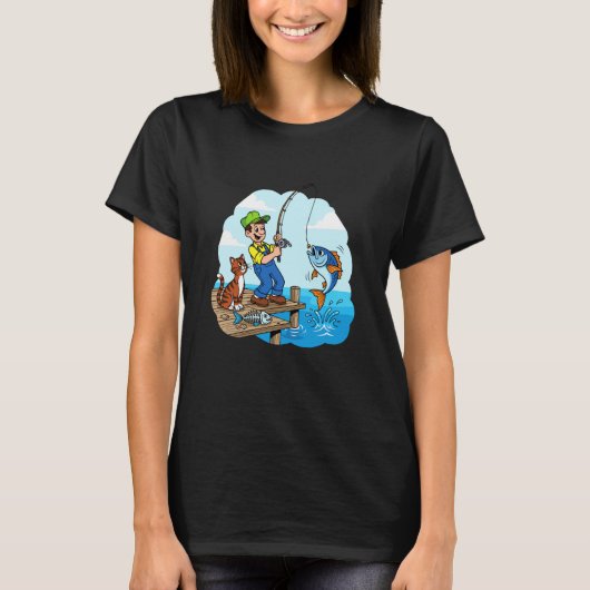 T-shirt Pêche avec un chat près de la jetée (Devant)