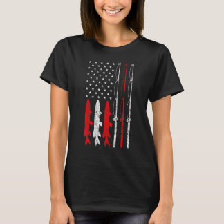 T-shirt Pêche poisson Rod line Reel rayures American Flag 