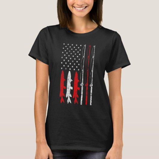 T-shirt Pêche poisson Rod line Reel rayures American Flag  (Devant)