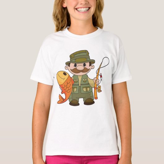 T-shirt Pêcheur de dessin animé avec Gros Catch Funny Fish (Devant)