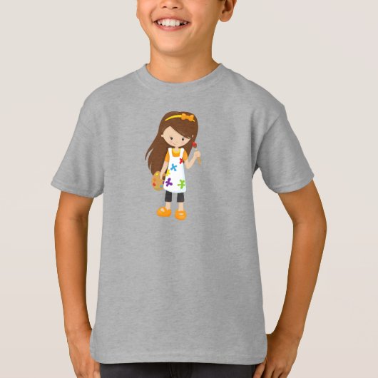 T-shirt Peintre, Peintre, Mignonne fille, Cheveux Brown (Devant)