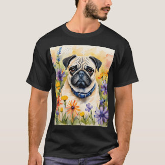 T-shirt Peinture aquarelle d'un chien Pug parmi les fleurs