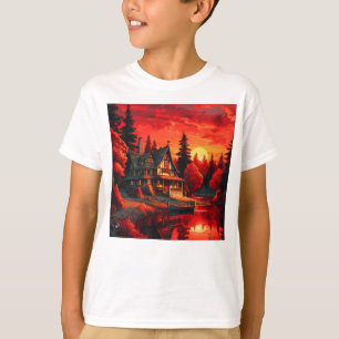 T-shirt Peinture coucher de soleil avec chalet et lac
