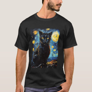 T-shirt Peinture d'art moderne Van Gogh Nuit étoilée Chat