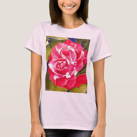 T-shirt Peinture de fleurs rose Camellia (Devant)